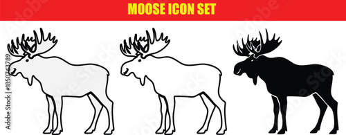 Moose icon set with black and white moose silhouettes and outlines