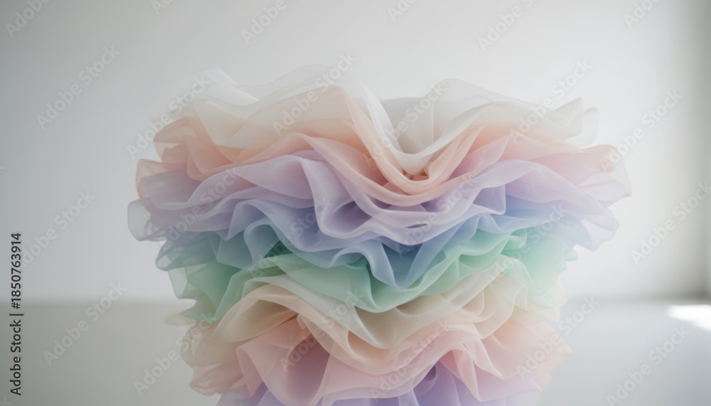 Fototapeta premium Soft Pastel Layers of Ruffled Tulle Fabric Displaying Delicate, Flowy Textures