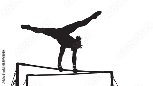 Graceful female gymnast performing handstand on balance beam in a gymnastics competition
