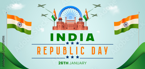India Republic Day Background with Red Fort, Indian Flags and Fighter Jets – 26th January Celebration
