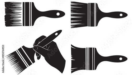 Paintbrushes in various angles and silhouettes in black and white illustration for graphic design