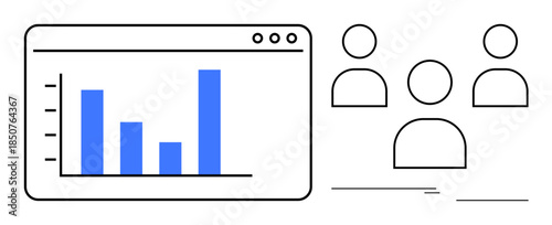 Bar chart inside browser interface alongside three human icons representing teamwork and collaboration. Ideal for teamwork, data analysis, business, efficiency, collaboration, communication, simple