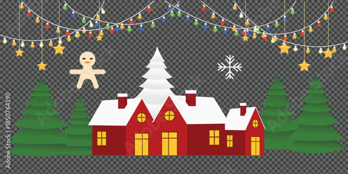 Festive christmas scene with red house, snowcovered trees, gingerbread man, snowflake, and colorful string lights