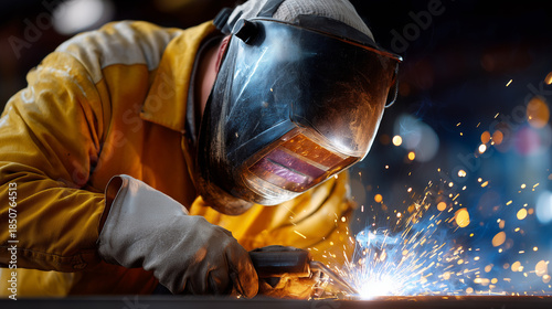 The image shows a close-up of a skilled construction worker performing welding work. The worker is wearing protective gear, including a welding helmet, gloves, and a heavy jacket, to ensure safety. Br