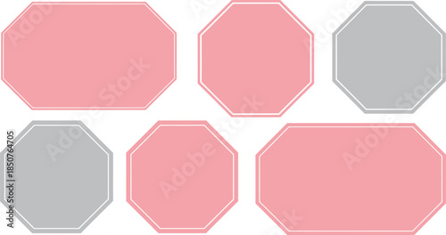 Collection of six stylized shapes octagons and rectangles with dashed borders in pink and grey on transparent background