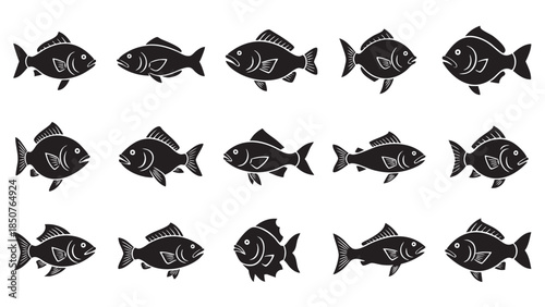 Set of Simple Black Fish Icons for Designs and Projects