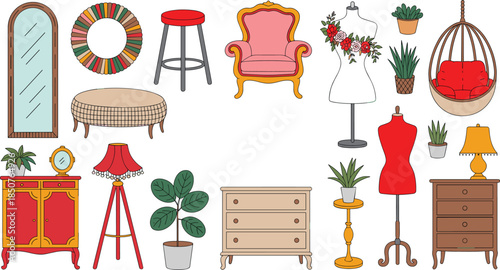 Set of colorful flat furniture icons including armchair chest of drawers floor lamp mannequins potted plants and bohemian home decor for interior design.