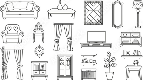 Set of living room furniture line art icons including sofa armchair curtains television cabinet bookshelves and home decor for interior design.