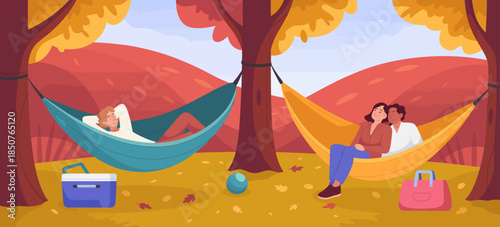 The delightful scene captures two couples lounging in colorful hammocks surrounded by autumn trees, creating a cozy and romantic atmosphere in nature.