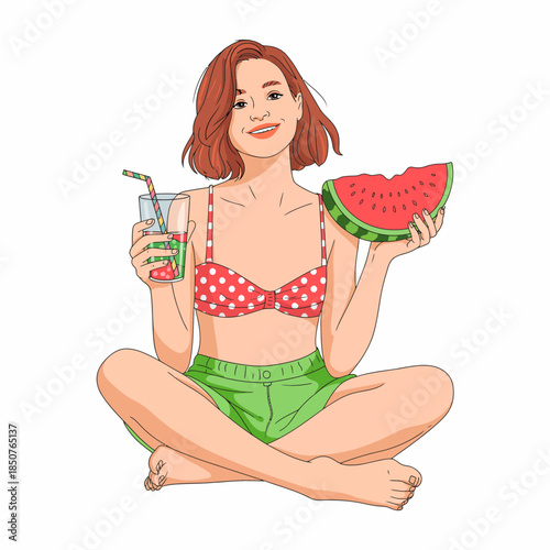 A cheerful young woman in a polka-dot bikini, happily holding a slice of watermelon and a refreshing drink, embodying the joys of summer and relaxation by the beach.