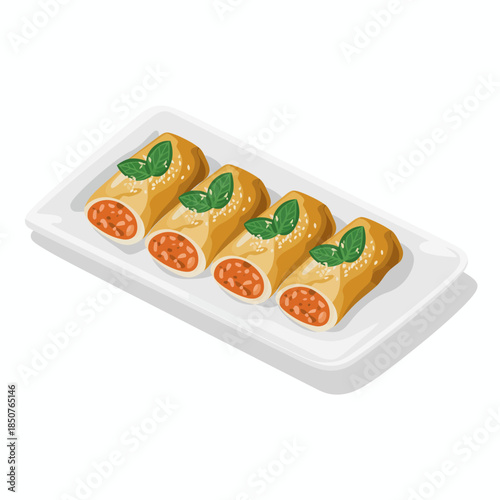 This image showcases a neatly arranged plate of spring rolls topped with sesame seeds and garnished with herbs, conveying a delightful and appetizing culinary experience.