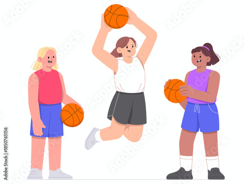 Three girls are depicted enjoying basketball, showcasing athletic energy, team spirit, and friendship as one prepares to shoot while the others cheer on, capturing youthful joy.