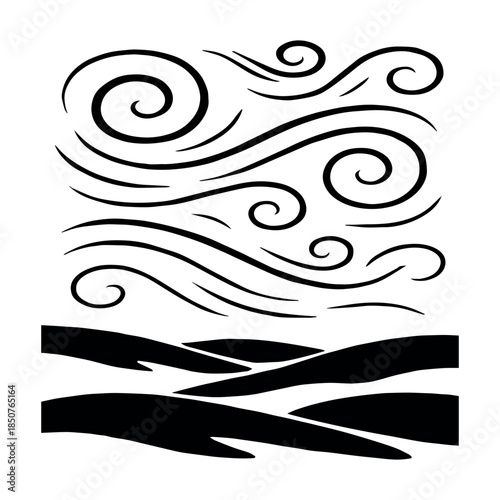 Stylized Black and White Wind Swirls and Abstract Hills Vector Illustration