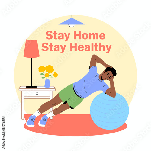 A person is exercising at home using a fitness ball, promoting a healthy lifestyle while staying indoors. Focus on fitness and well-being through indoor physical activities.