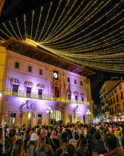 Palma de Mallorca, Spain - 22 Nov 2025: Christmas lights above Palma city hall