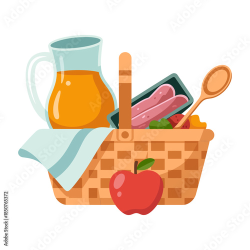 A charming picnic basket filled with fresh fruits, juice, and other treats, symbolizing outdoor leisure, enjoyment, and sharing joyful moments with loved ones.