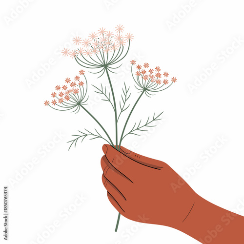 A beautifully illustrated hand holds a bouquet of delicate flowers, symbolizing care, nature, and beauty in a visually pleasing style perfect for various projects.