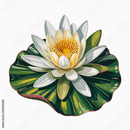 A stunning white water lily blooms atop a lush green lily pad, showcasing the beauty of nature and the tranquility of aquatic environments in perfect harmony.