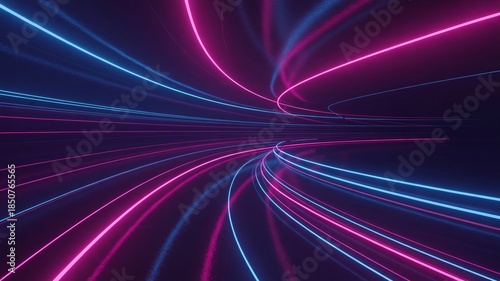 A futuristic digital abstract network visualization featuring neon lights and curved lines in a dark environment from a forward viewpoint