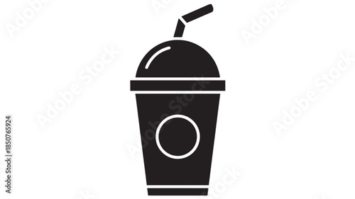 Black disposable coffee cup with straw in simple flat design on white background for beverage advertising