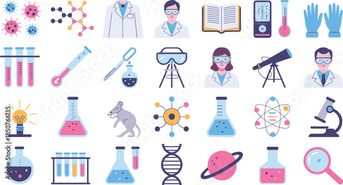 A comprehensive vector set of flat solid-color science and research icons, featuring chemistry, biology, lab equipment, and space elements in a modern blue and pink color palette.