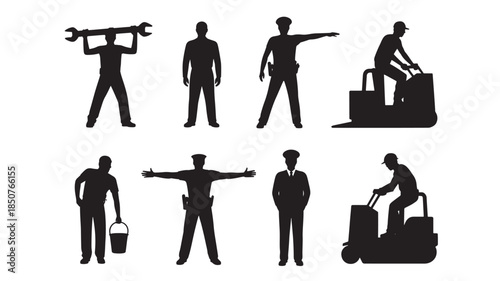 Silhouette of workers in various industrial poses with tools and equipment in black on white background for labor icon set