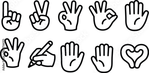 A vector set of ten hand gesture icons in bold black outline, featuring counting fingers, open palm, OK sign, writing, and heart hands, perfect for communication, education, and simple graphic design.