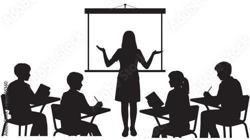 Female teacher presenting to students in a classroom with a projector screen in simple black silhouette for education