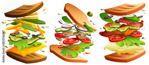 Sandwiches with bread, cheese, lettuce, ham