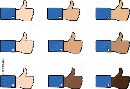 A vector set of nine flat thumbs-up icons featuring diverse skin tones and blue sleeves, perfect for inclusive user interface design, social media features, and multicultural communication graphics.