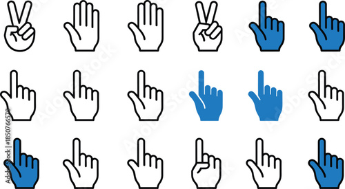 A vector set of hand gesture icons, including the finger pointer/cursor and the victory/peace sign, presented in both black outline and solid blue glyph styles