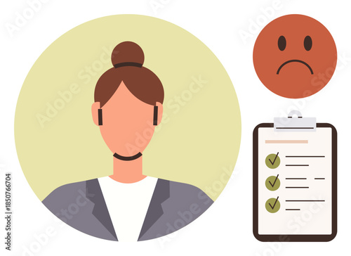 Professional woman with checklist featuring green ticks and sad face conveys career review, performance appraisal, constructive criticism, personal growth, workplace dynamics, emotional challenges