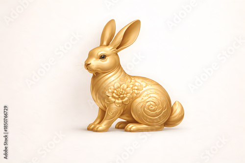 Golden rabbit statue with elegant floral patterns, symbolizing luck, gentleness, longevity, and prosperity in Chinese zodiac tradition