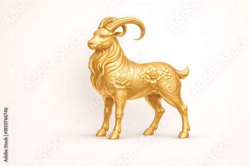 Golden goat statue with ornate floral patterns, symbolizing harmony, kindness, prosperity, and good fortune in Chinese zodiac tradition