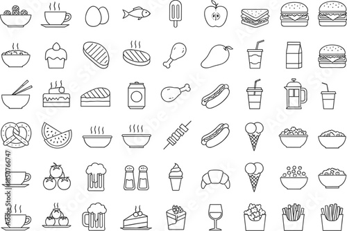 A massive vector set of clean black outline food and beverage icons, featuring fast food, desserts, produce, and drinks, perfect for restaurant menus, food apps, and extensive culinary graphic design.