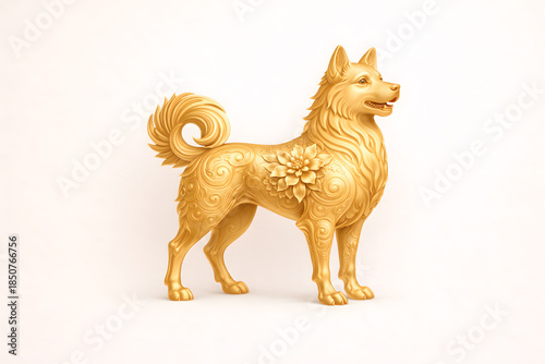 Golden dog statue with ornate floral patterns, symbolizing loyalty, protection, trust, and prosperity in Chinese zodiac tradition