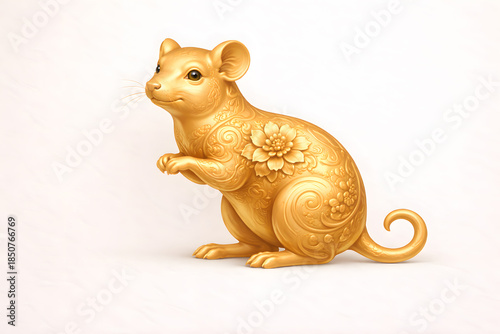 Golden rat statue with intricate floral patterns, symbolizing intelligence, wealth, new beginnings, and prosperity in Chinese zodiac tradition