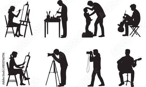 Artists at work in various creative silhouettes in black and white minimalist style for graphic design