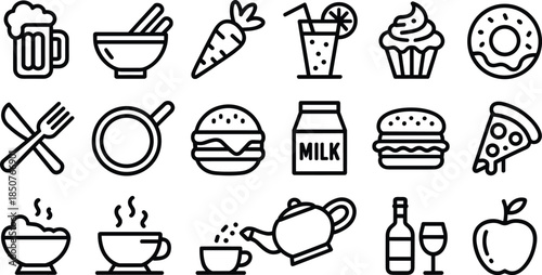 A concise vector set of bold black outline food and drink icons, featuring a beer mug, burger, pizza, milk, and kitchenware, perfect for restaurant menus, apps, and thick-line graphic design.