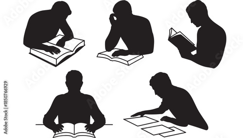 Silhouettes of people reading in various poses in black and white minimalist style for educational content