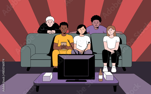 A group of friends sitting together on a comfy sofa, enjoying a movie night with snacks, creating a fun and relaxed atmosphere filled with laughter and shared moments.