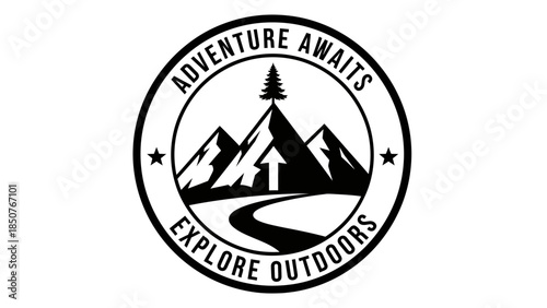 Circular Emblem Featuring Mountains and Winding Path.