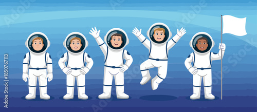 A cheerful group of astronauts poses confidently in their space suits, celebrating human achievement and exploration with excitement and camaraderie in outer space.