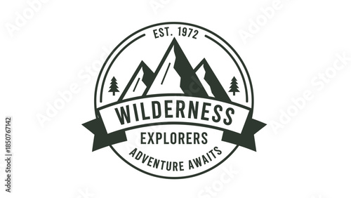 Wilderness Explorers Adventure Awaits Vintage Emblem.