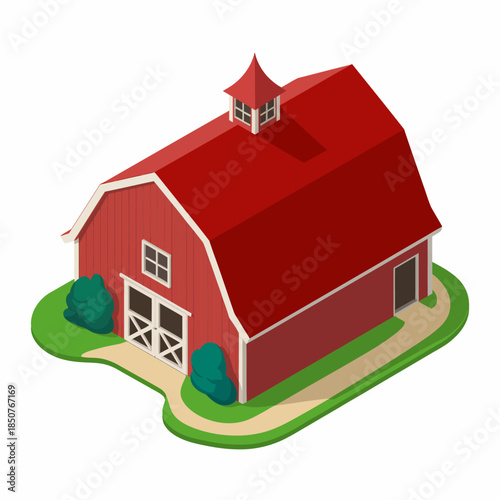 A picturesque red barn is nestled amidst verdant landscapes, symbolizing rural life and agriculture, blending nostalgia and nature in a tranquil countryside scene.