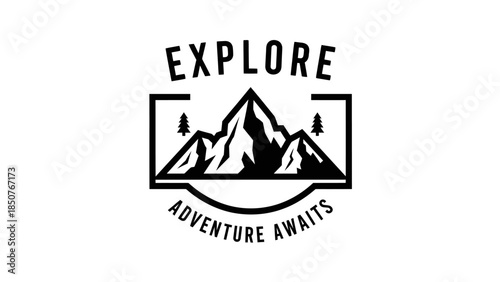 Explore Adventure Awaits Mountain Landscape Emblem.