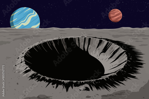 A stunning cosmic illustration depicting a moon crater with distant colorful planets against a starry backdrop, representing the vastness and mystery of outer space.