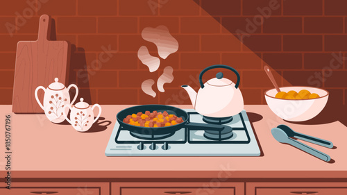 A modern kitchen scene showcases a frying pan cooking a colorful medley of ingredients, embodying the essence of home cooking and culinary creativity.