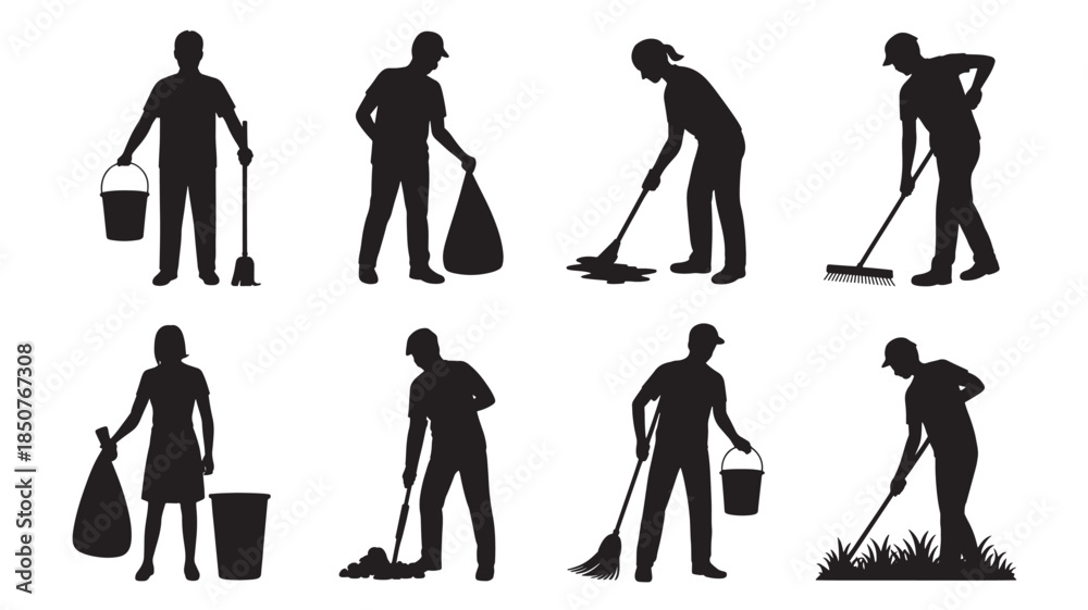 Obraz premium Cleaning Silhouettes Collection in Minimalist Style with Black Color on White Background for Graphic Design