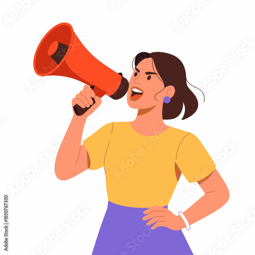 A passionate woman holding a megaphone captures the spirit of activism, embodying the call for change and the empowerment of voices in society's movements.